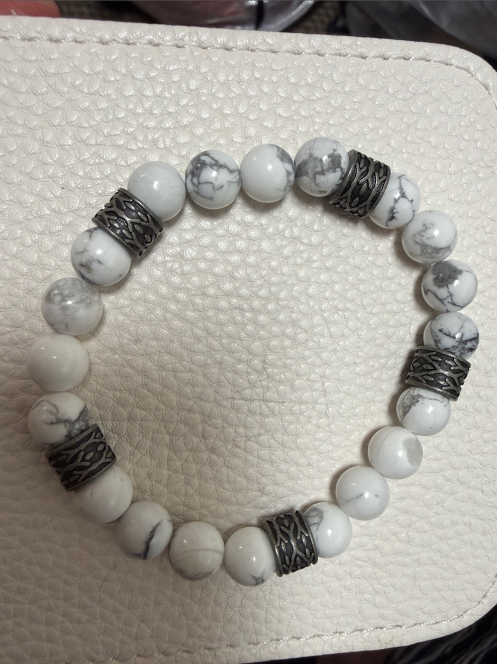 White Howlite Beaded Stretch Bracelet with 925 Silver Accent Beads